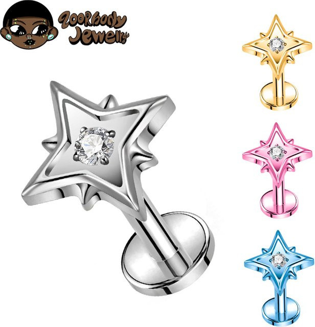 ZOORBODY JEWELRY Ohrstecker Titan, Zirkonia, Silber, Vierzackiger Stern - Bild 1