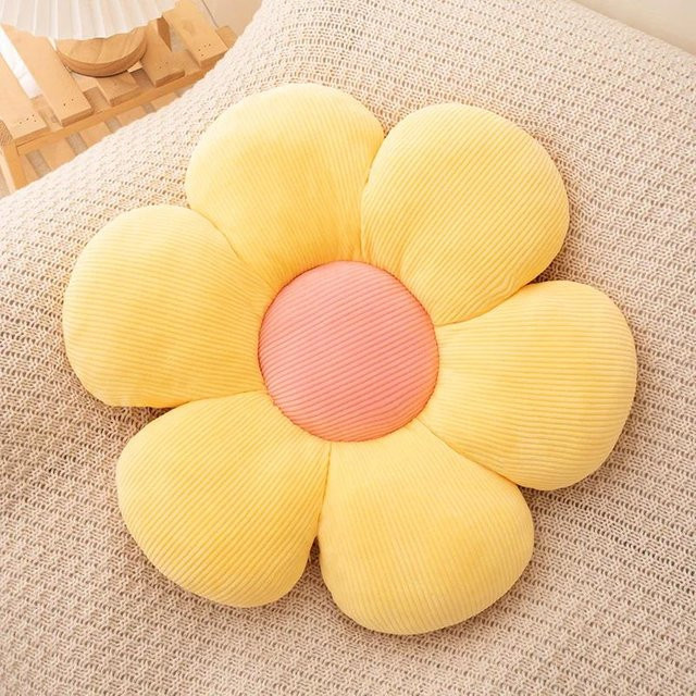 Gelbes Sonnenblumenkissen als rundes Sitzkissen und Blumenmatte aus Plüsch und Baumwolle - Bild 1