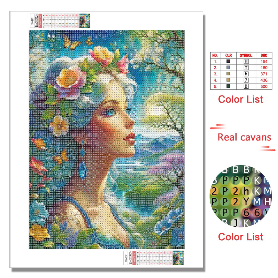 MomoArt Diamantmalerei Porträt einer Frau mit Blumenmotiven, runde Mosaik-Stickerei in Multicolour zur Wanddekoration - Bild 3