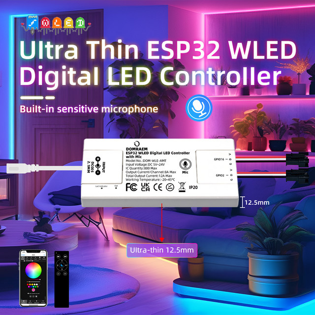 DOMRAEM ESP32 Ultra-Dünner Musik-WLED-Controller für adressierbare RGB IC Streifen, 2-Kanal, Farbe: Weiß - Bild 1