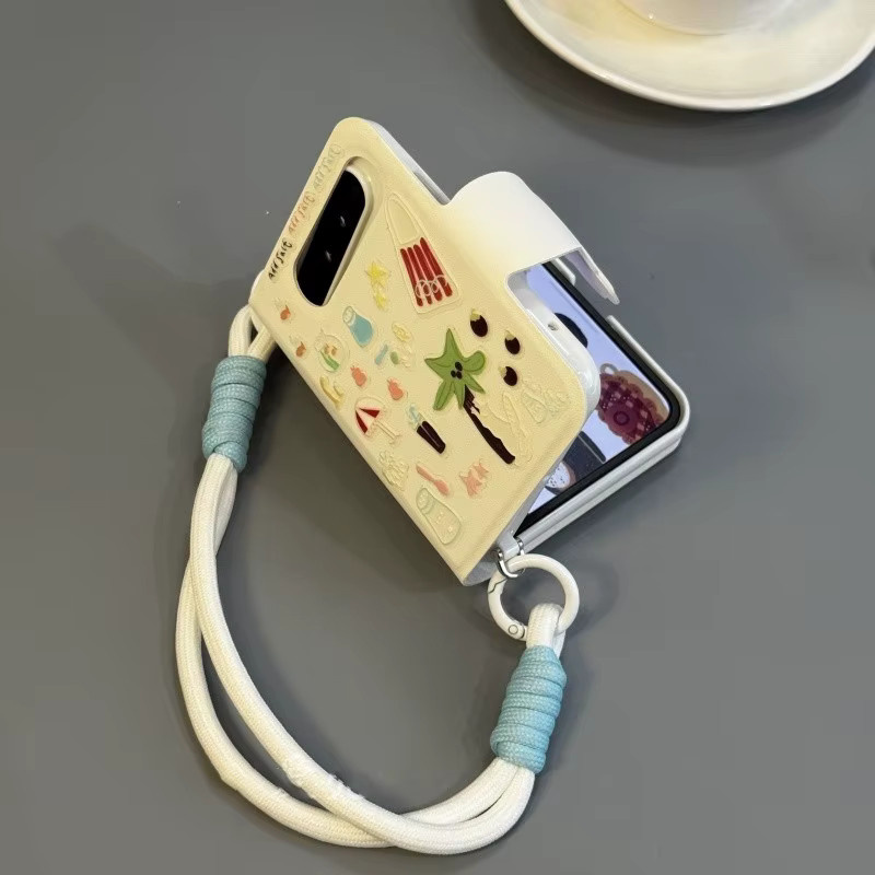 Niedrige Buchstil-Flip-Handyhülle aus weißem Leder für Xiaomi Mix Flip und Xiaomi Mix Flip2 mit Cartoon-Aufklebern und Handschlaufe - Bild 2