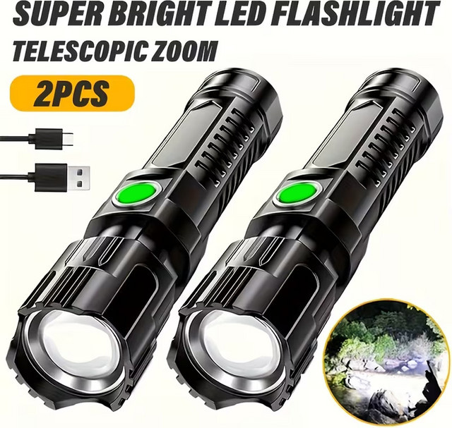 KDULIT LED-Taschenlampe in Schwarz mit USB-Ladefunktion und Teleskop-Zoom für Outdoor-Aktivitäten - Bild 1