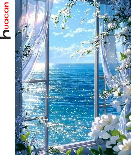Huacan DIY Diamond Painting Set Meereslandschaft mit Blumenmotiv in Blau - Bild 1