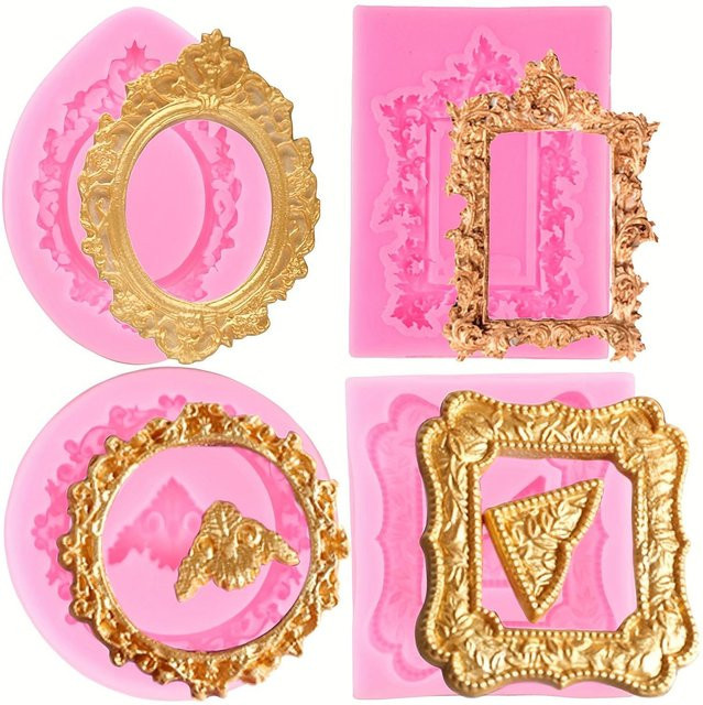 SZ-Damai Silikonform Set mit 4 Vintage Fotorahmen für Kuchen, Cupcakes, Schokolade und Polymer Clay in Weiß und Gold - Bild 1