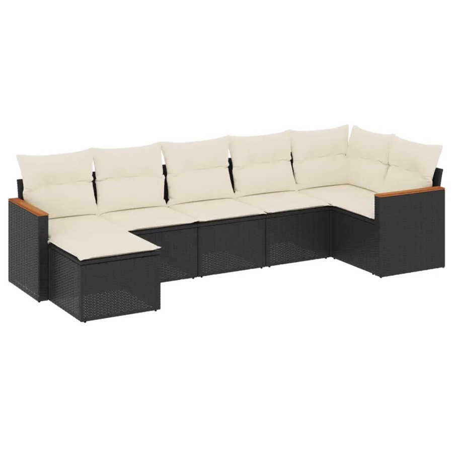 vidaXL 7-teilige Garten-Sofagarnitur in L-Form aus schwarzem Poly-Rattan mit Kissen und Akazienholz - Bild 2