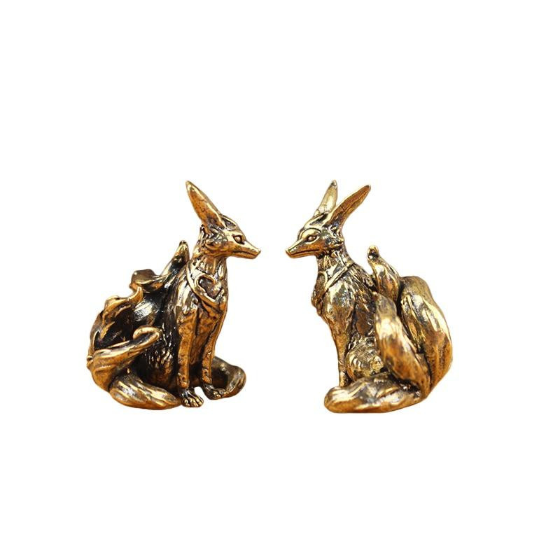 Neunschwänziger Fuchs Miniaturfigur aus Messing und Kupfer in Gold als Schreibtischornament und mythische Tierstatue für dein Heimdekor - Bild 4