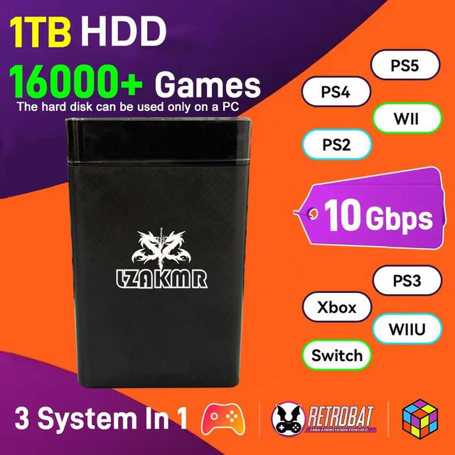 LZAKMR 1 TB HDD Spielfestplatte in Schwarz mit AAA, 3D und Retro-Spielen für PS4, PS3, PS2, PS1 und Xbox sowie Launchbox, RetroBat und Playnite Systeme - Bild 1