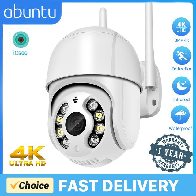 Abuntu 8MP 4K HD Wifi PTZ IP Kamera mit Auto Tracking, KI-Personenerkennung und Audio für die Outdoor-Videoüberwachung in Weiß, steuerbar über die ICSEE App - Bild 1