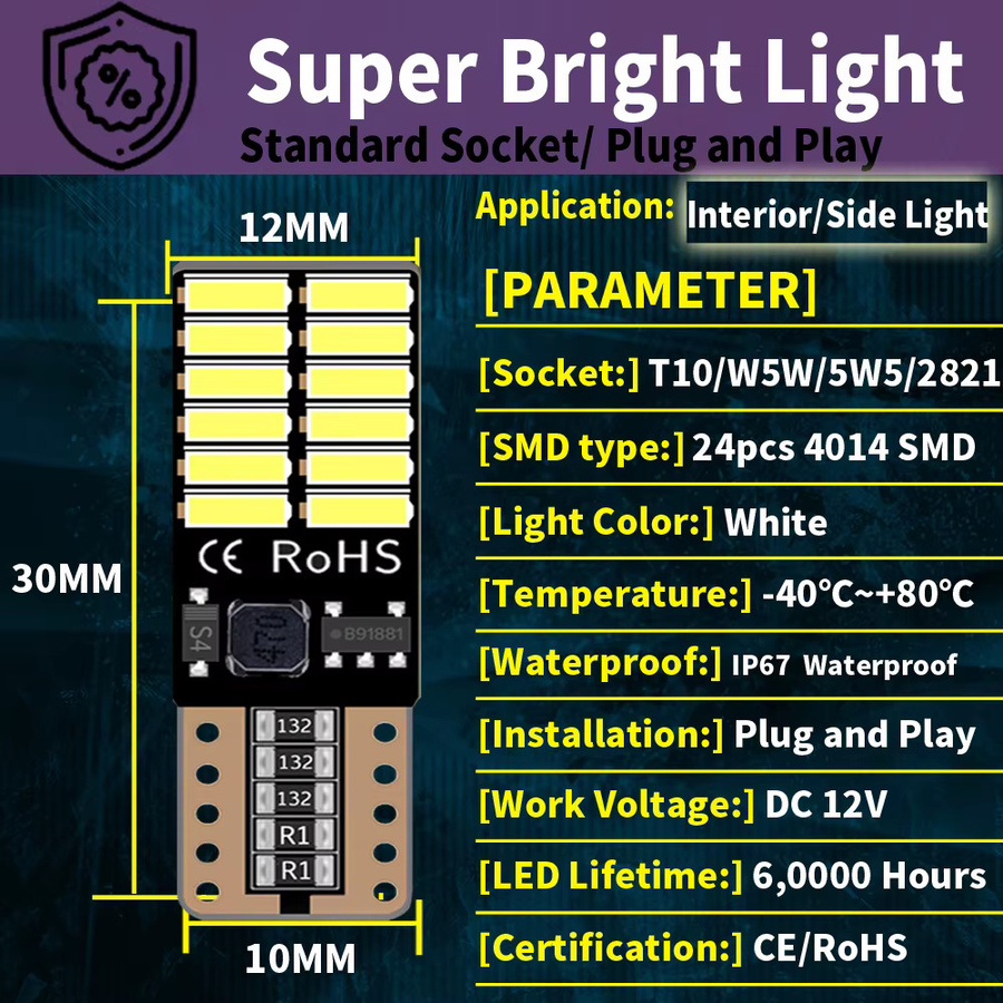 Neallor 10er Set W5W T10 LED Autolampen Canbus 4014 SMD 6000K Cool White für Innenraum, Dome, Leselicht und Kennzeichen Kennzeichenbeleuchtung 12V - Bild 2