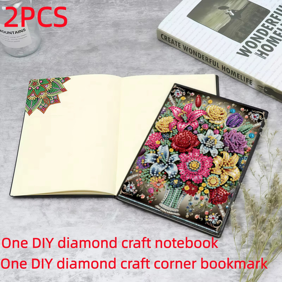2er Set Diamond-Painting-Notizbuch mit Lesezeichen in Blumenstrauß-Muster, mehrfarbiges Tagebuch aus PU-Leder mit Hardcover und blanko Seiten - Bild 2