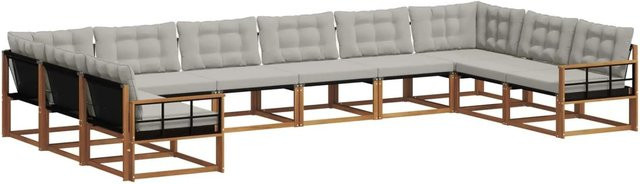 vidaXL Outdoor-Sofagarnitur aus Akazienholz in U-Form, 10-teiliges Set mit Textilene und Kissen, Natur und Hellgrau - Bild 1