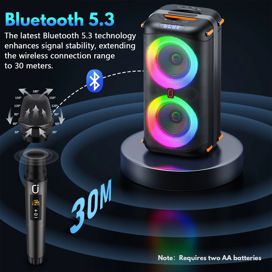 FanFun Karaoke-Maschine mit 2 kabellosen Mikrofonen, tragbarer Bluetooth 5.3 Karaoke-Lautsprecher und PA-System in Schwarz - Bild 4