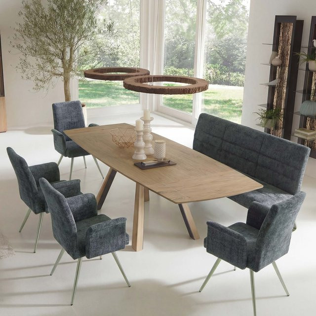 MCW Esszimmer-Set G55 mit 4 Stühlen mit Armlehnen und einer 180 cm langen Sitzbank in Blau-Grün aus Chenille und gebürstetem Edelstahl - Bild 1