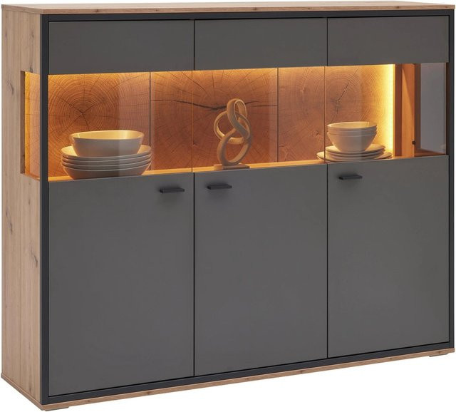 Premium Living Highboard Florenz Artisan in Grau und Eiche mit integrierter Beleuchtung, B/T/H: 150 x 121,5 x 38 cm - Bild 1
