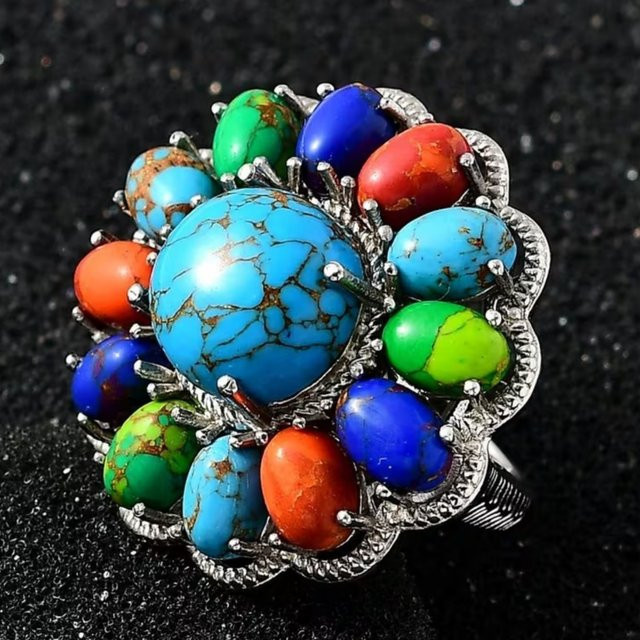 YoYo Charm-Ring, Silber, Synthetischer Türkis, Damen, Vintage - Bild 1