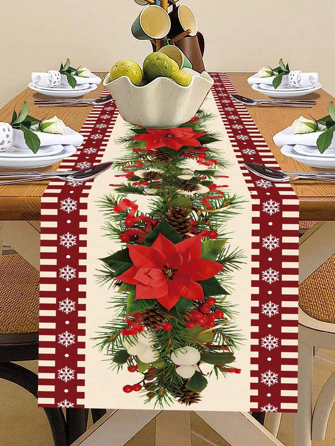 JIT Weihnachts-Tischläufer mit Weihnachtsstern und Kiefernmuster in Rot aus Leinen - Bild 4