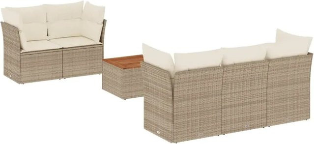 vidaXL 6-teilige Garten-Sofagarnitur in L-Form mit Tisch und Kissen, Beige, Poly-Rattan und Akazienholz - Bild 1