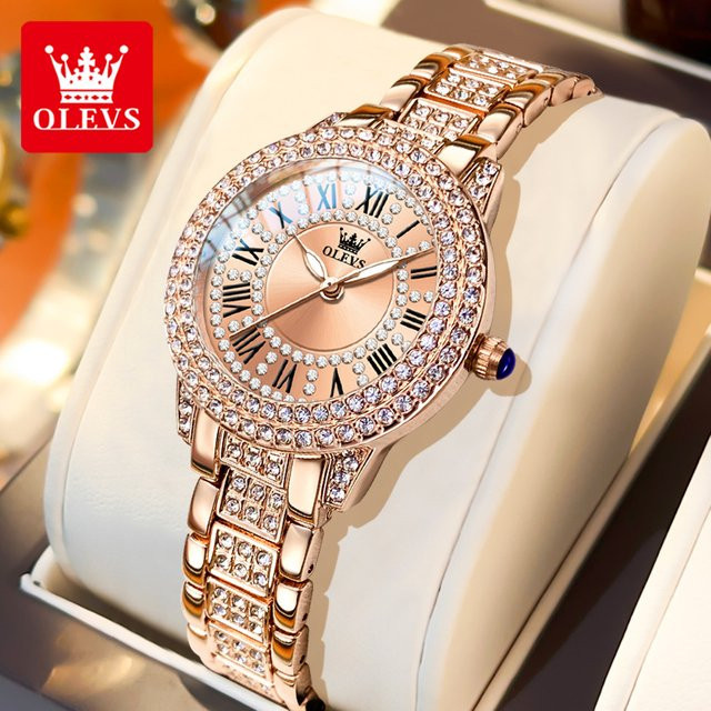 OLEVS Armbanduhr, Edelstahl, Roségold, Diamant, Quarz, Damen - Bild 1