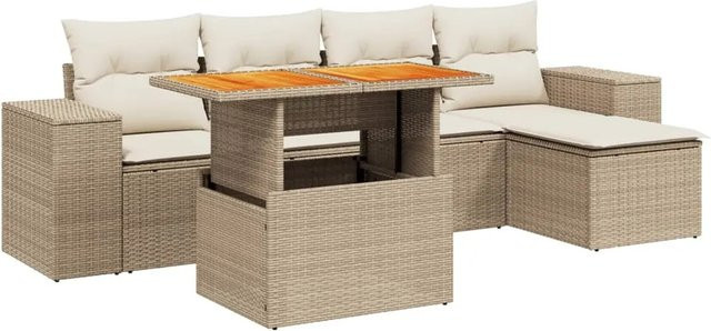 vidaXL 6-teilige Garten-Sofagarnitur aus Poly-Rattan und Akazienholz in Beige-Creme mit Kissen - Bild 1