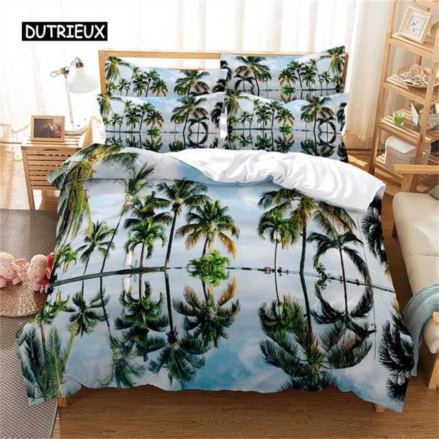 Wucifang Bags Bettwäsche-Set Strand Kokospalme Ozean Thema in Blau, 3-teilig, Queen Size, B/H: 155 x 215 cm - Bild 1