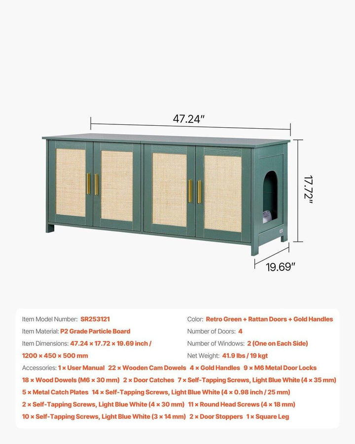 Buying Solutions MB Katzenklo-Gehege in Retro-Optik mit 4 Rattantüren und 2 Eingängen, Grüner Katzen-Waschraum aus Holz für mehrere Katzen, Breite: 120 cm - Bild 3
