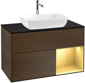 V&B Waschtischunterschrank Finion 100 mit Wandbeleuchtung in Platinblau und Regal in Gold matt - Bild 1
