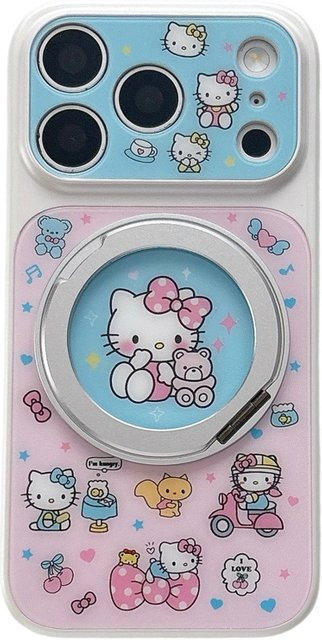 Sanrio KT Cartoon Handyhülle mit 360 Grad rotierendem Magnetständer für iPhone 14 15 16 17 Pro Max, stoßfest und kabelloses Laden, pink/multicolour - Bild 1