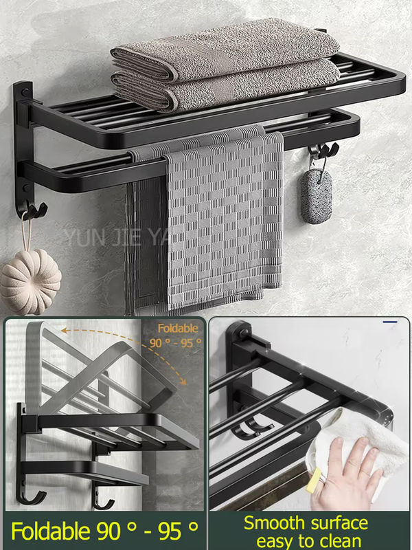 YUNJIEYA Badezimmer Handtuchhalter mit Haken und Zahnbürstenhalter, Wandmontage ohne Bohren, Metall, Schwarz, Breite: 40 cm, Tiefe: 40 cm - Bild 2