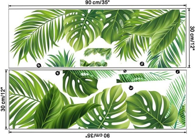 NailArt Monstera Blätter Wandaufkleber, 2 Stück, beige und grün, wasserdicht und abnehmbar, botanisches Design, Höhe: 90 cm, Breite: 30 cm - Bild 1