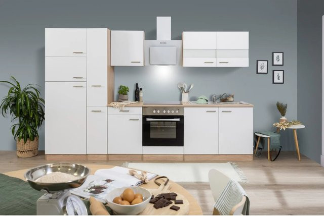 Respekta Küchenzeile KB300ESWCGKE in Weiß und Eiche Sägerau mit Glastüren und Soft-Close-Funktion, Breite: 300 cm, Höhe: 200 cm, Tiefe: 55 cm - Bild 1