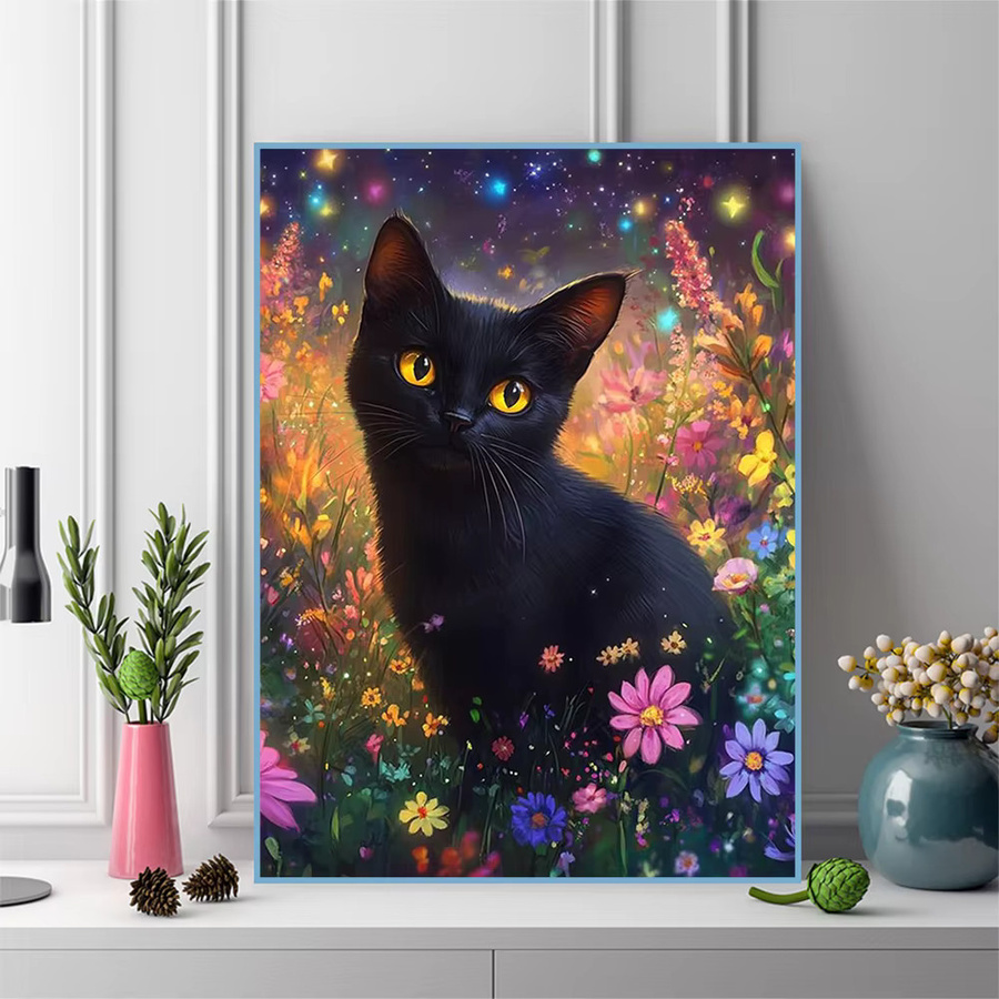 Momoart Diamantmosaik Set Schwarze Katze mit Blumenmotiv, DIY Rundes Strass Bild für die Wandgestaltung - Bild 3
