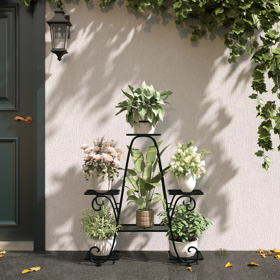 MTShining 6-stufiger Pflanzenständer aus Metall in Schwarz für Garten und Terrasse, mehrschichtiges Blumenregal für drinnen und draußen, B/T/H: 67,0 x 73,0 cm - Bild 2