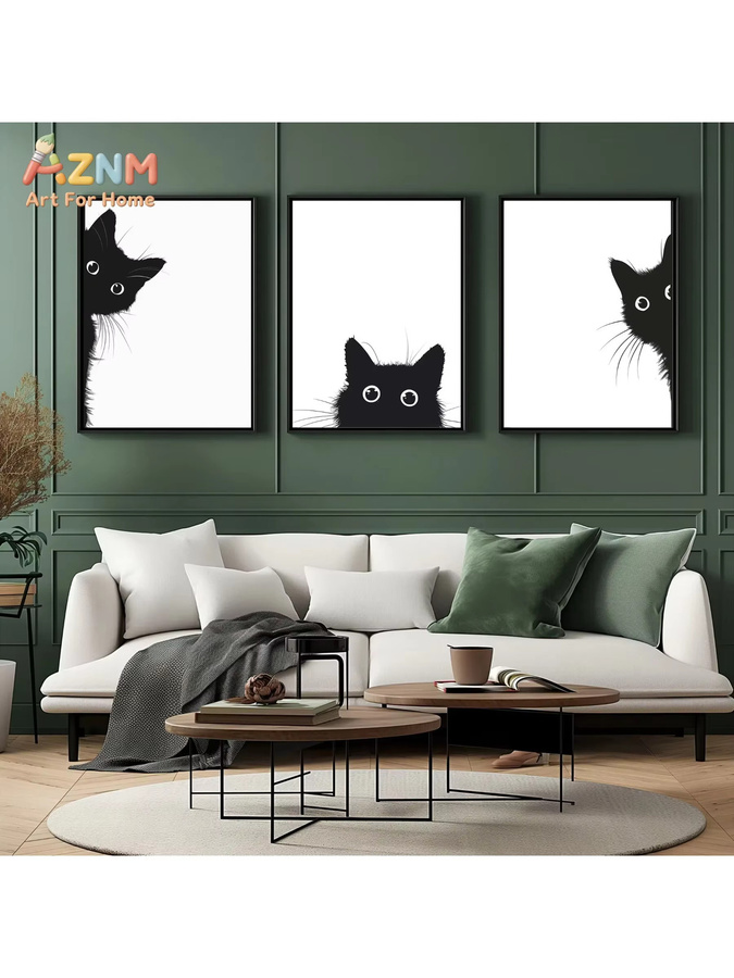 AZNM Minimalistisches Leinwandbild mit schwarzer Katzen-Silhouette in Schwarz-Weiß als abstrakter Grafikdruck für deine Wandgestaltung - Bild 5