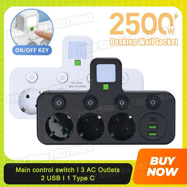 6-in-1 Desktop-Steckdosenleiste in Weiß mit 3 AC-Steckdosen, 2 USB-Anschlüssen und 1 USB-C Anschluss für dein Heimbüro - Bild 1