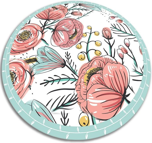 Tulup Teppich Zarte Blüten in Rot und Multicolour, runder Vinylmatten-Bodenbelag aus PVC mit floralem Design, Durchmesser: 110 cm - Bild 1