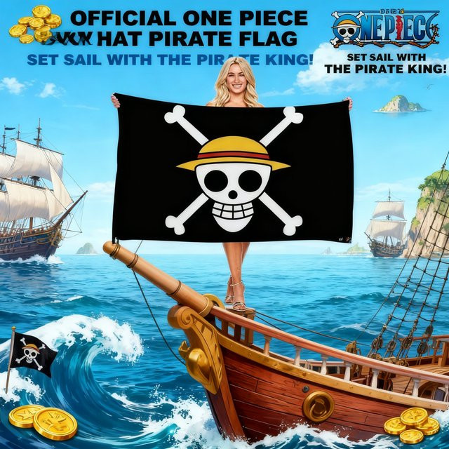 Bandai One Piece Strohhut-Piraten Totenkopfflagge Monkey D. Luffy Banner aus Polyester, Farbe: Schwarz, B x H: 90 x 150 cm - Bild 1
