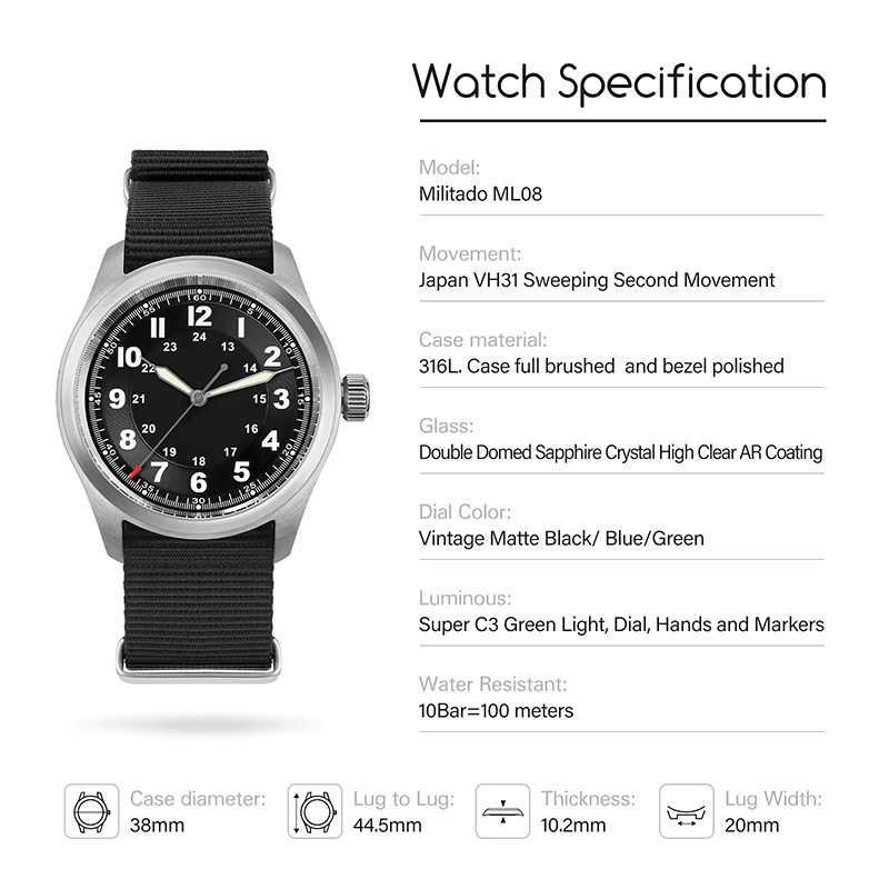 Militado Armbanduhr, Quarz, Edelstahl, Schwarz, Saphirglas, Herren - Bild 5
