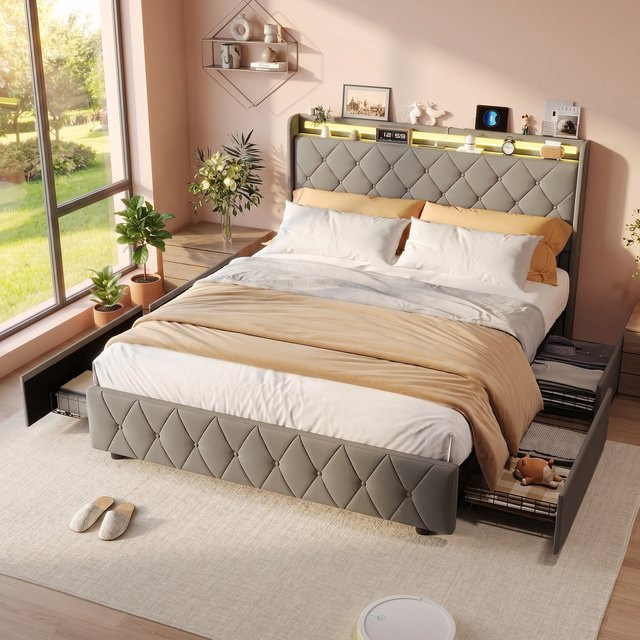 Superaly Gepolstertes Doppelbett mit 4 Schubladen als Jugendbett in Grau, B/T/H: 140 x 200 cm - Bild 1