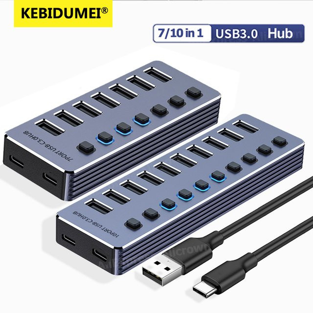 Kebidumei 7-in-1 USB-Hub mit USB 3.0 Schnittstellen, individuellen Ein-/Aus-Schaltern und 12V Netzteil für deinen Laptop - Bild 1