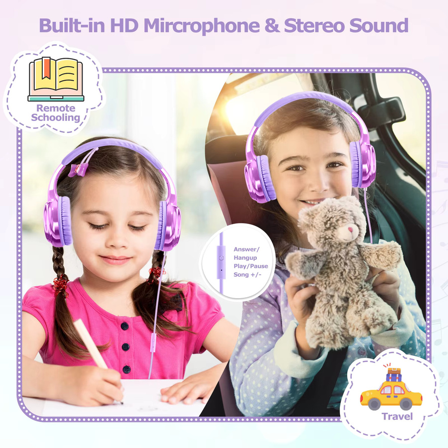 QearFun Kinderkopfhörer mit Mikrofon in Lila, kabelgebundenes Stereo-Headset für Mädchen, verstellbar für Schule und Reisen - Bild 2