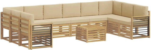 vidaXL Outdoor-Sofagarnitur aus Akazienholz in L-Form, 11-teiliges Set in Weiß und Beige mit Polsterkissen, B/T/H: 59 x 59 x 37 cm - Bild 1