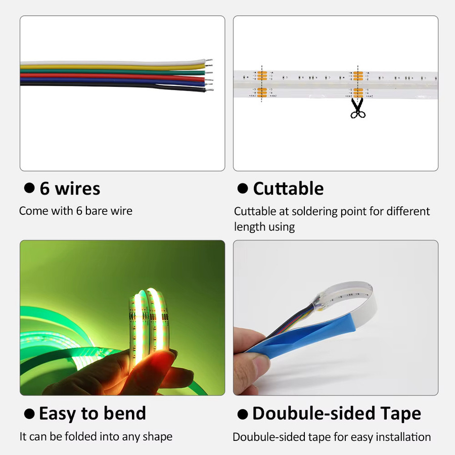 MJJC RGBCCT COB LED Streifen Licht DC 24V, 5m FCOB LED Band mit 840 LEDs/m, RGBWW Multicolour, dotless flexibel für Raumdekoration und Beleuchtung - Bild 3