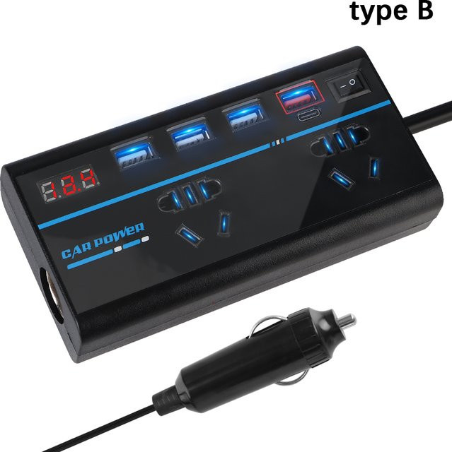 Auto-Wechselrichter DC 12 V/24 V zu AC 110 V/220 V Konverter mit 8 Ports, 200 W, USB PD Typ-C Ladegeräte, Schwarz - Bild 1