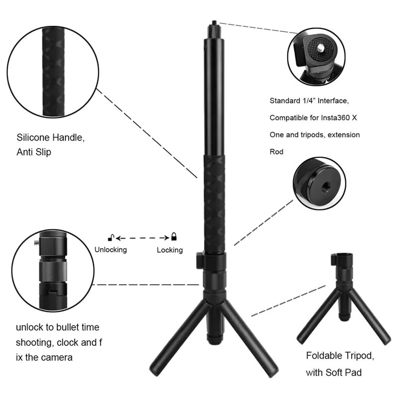 DIXSG Unsichtbarer Selfie-Stick und Bullet-Time-Handstativ für GoPro, Insta360 und DJI Osmo Action Kameras, Schwarz - Bild 2