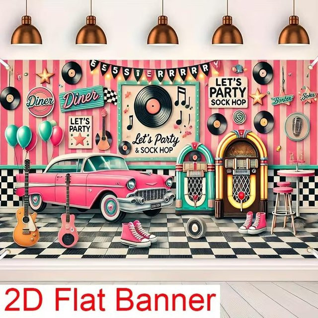 Retro 50er Jahre Rock Sock Hop Party Hintergrundbanner mit Jukebox und Oldtimer Motiv, Mehrfarbig, B: 150 cm, H: 130 cm - Bild 1