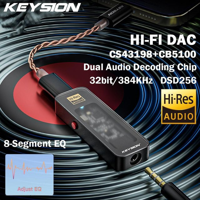 KEYSION CS43198 USB DAC HiFi-Audio-Decoder mit EQ-Einstellung und HD-Kopfhörerverstärker, Typ-C auf 3,5 mm Klinke, Schwarz - Bild 1