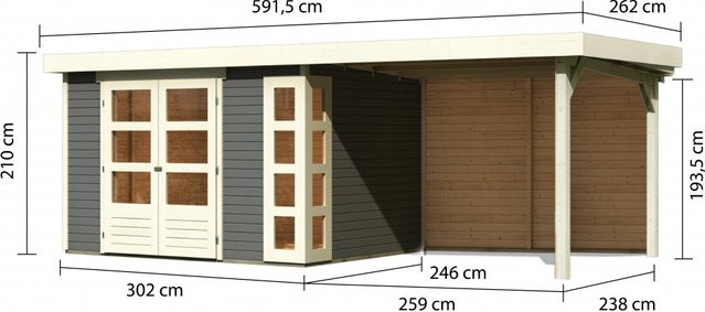 Gartenhaus KARIBU KERKO 5 aus nordischer Fichte in Terragrau mit Anbaudach und Rückwand, B/T/H: 302 x 246 x 210 cm - Bild 1