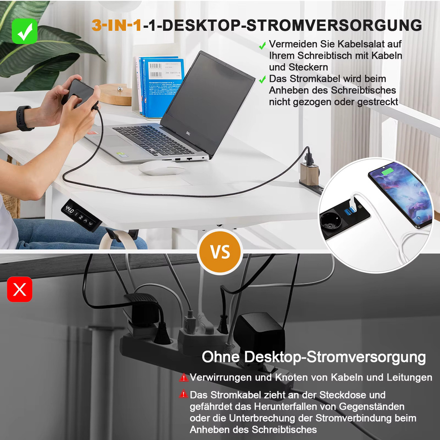 Comhoma Elektrisch Höhenverstellbarer Schreibtisch in Weiß mit USB-Buchse und Haken, Moderner Steh-Sitztisch für das Home-Office - Bild 2