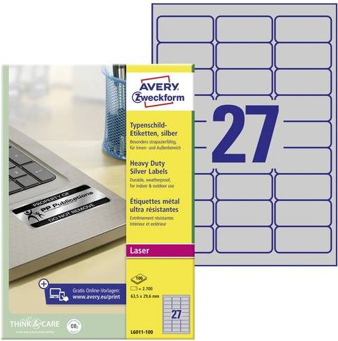 Avery Zweckform Typenschild-Etiketten L6011-100, Silber, Polyesterfolie, B/H: 63,5 x 29,6 mm, 2700 Stück - Bild 1