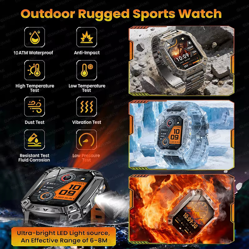 GUHUAVMI Militär-Smartwatch für Herren in Schwarz mit 1400mAh Akku, GPS, SOS-Funktion, Taschenlampe, Bluetooth-Anruf und 10ATM Wasserdichtigkeit - Bild 6